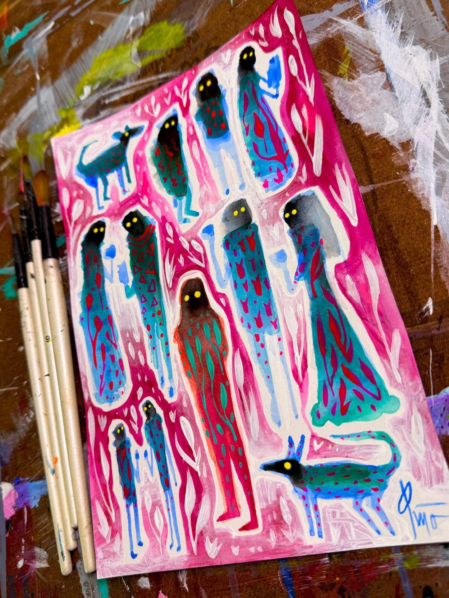 Antisocial Gathering. Original Painting 8.5x5.5