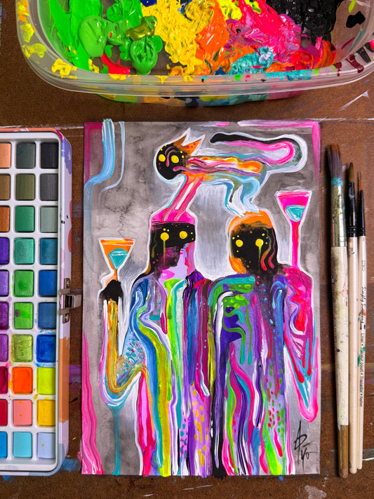 Cocktails & Cat Tails. Original Painting 8.5x5.5