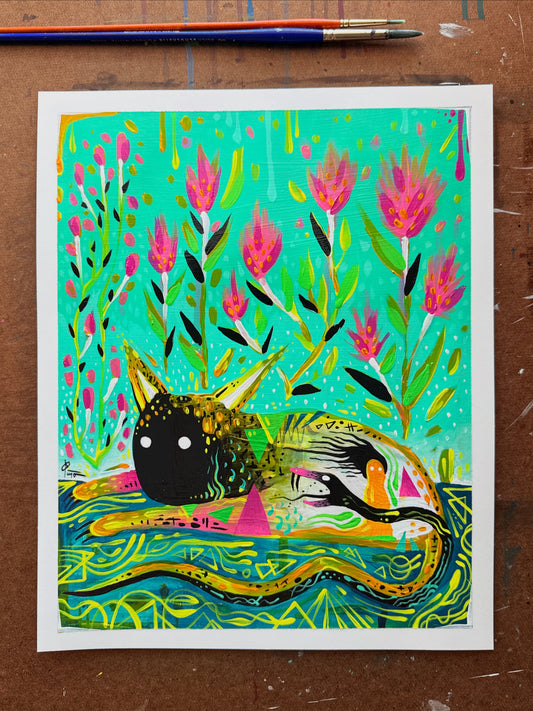 I’d rather lay among the flowers than walk through a crowd of noise - Original Painting - 13.5x11