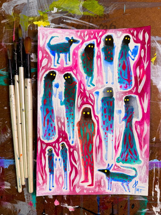Antisocial Gathering. Original Painting 8.5x5.5
